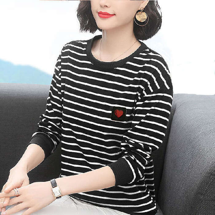 Women's Long-Sleeve T-Shirt 2026 New Style For Middle-Aged Mothers, Plus Size, Loose Fit, Slimming, Horizontal Stripes, Autumn Fashion Top