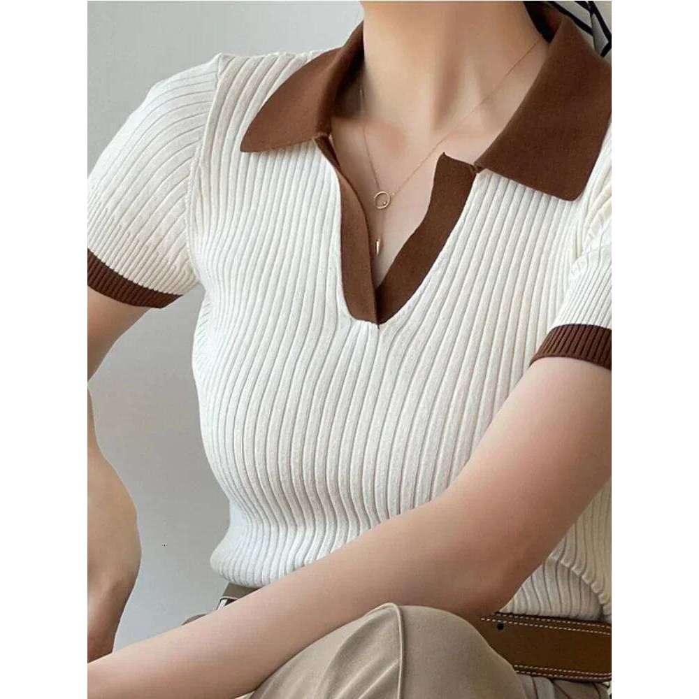 Women's T-shirt Polo Collar Short Sleeve Fashion Blouses 2025 Female Slim Knitted Tee White Skinny Casual Women Summer Tank Top 26W0224