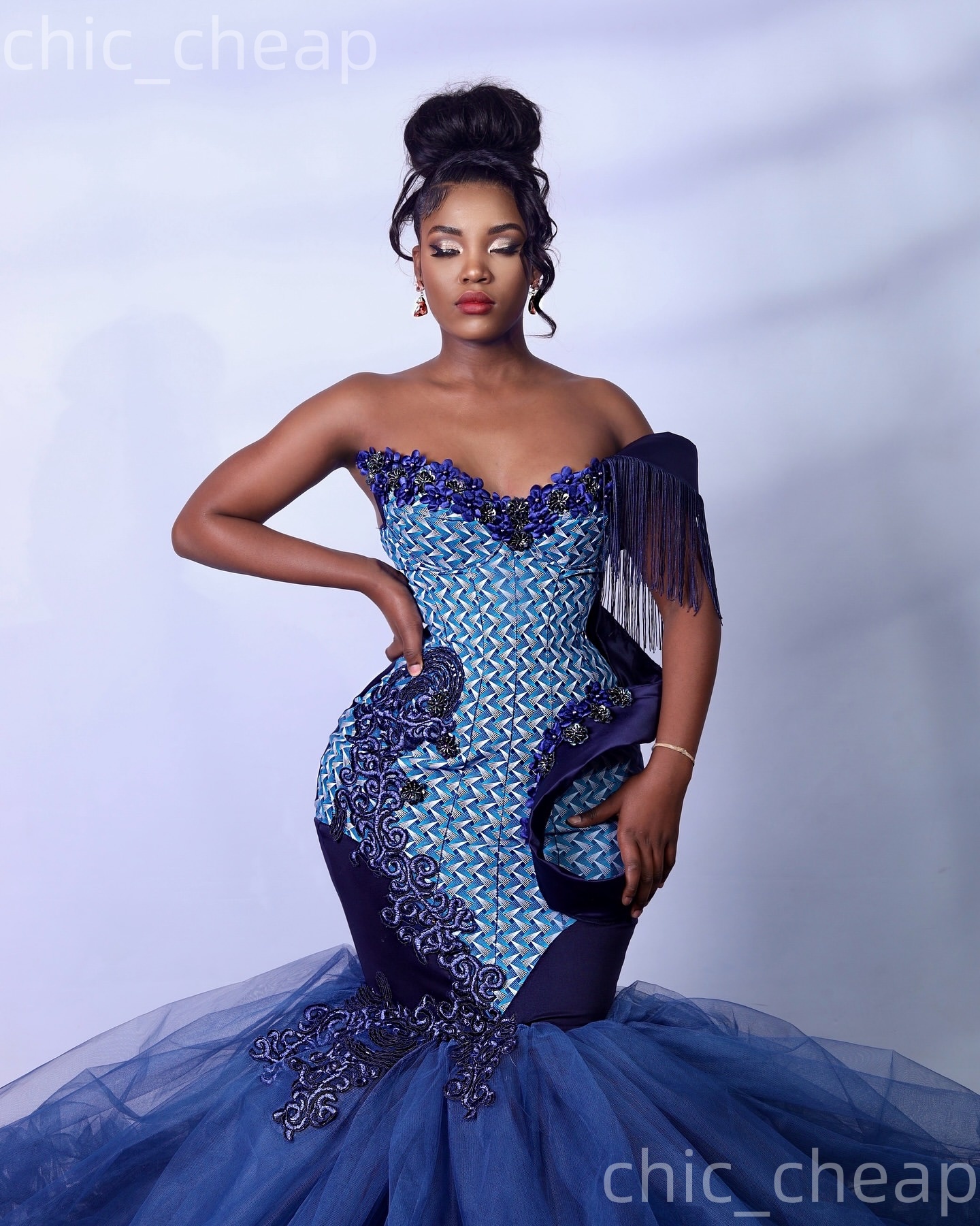 Aso Ebi Navy Blue Mermaid Prom Dresses 2026 Flowers Printed Sweetheart Evening Formal Party Second Birthday Engagement Gowns Dress For Special Occasio