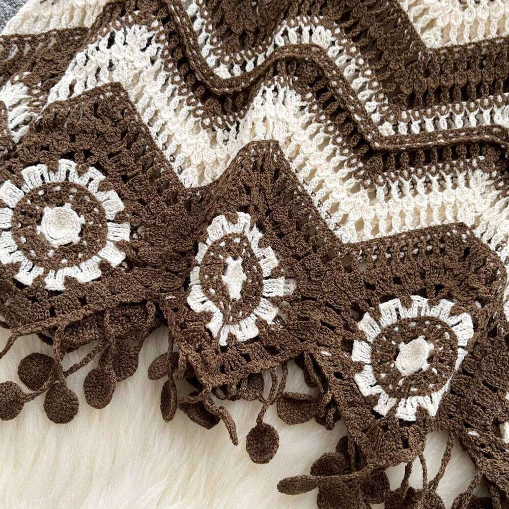 Zig Zag Crochet Sweater Tassel Details Long Sleeve Open-stitch Knit Top Pullover for Women Teen-girl Boho Vacation Outfit 26L0224