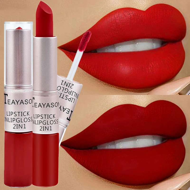 1Pc Long Lasting Velvet Matte Lipstick Double Head Lip Gloss Non-stick Cup Lip Gloss Waterproof 2 in 1 Matte Red Lipstick Makeup 260130