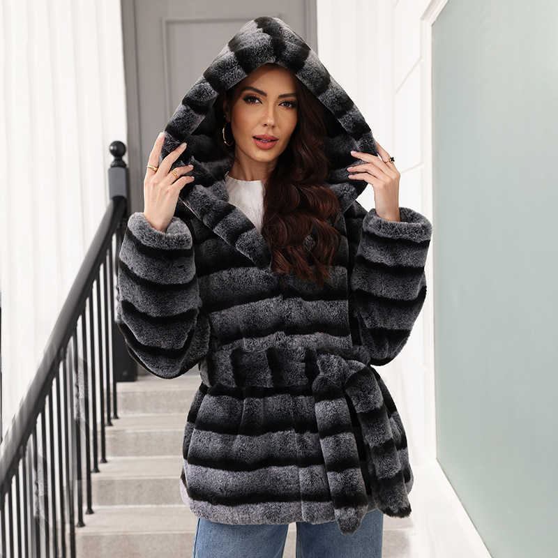Fashionable Belted Hooded Faux Fur Coat for Women - New Winter Style Versatile Women's Clothing