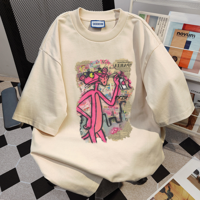 American Style Cotton Cartoon Print Short Sleeve T-Shirt for Women 2026 Summer New Loose White Gray Casual Versatile Couple Top