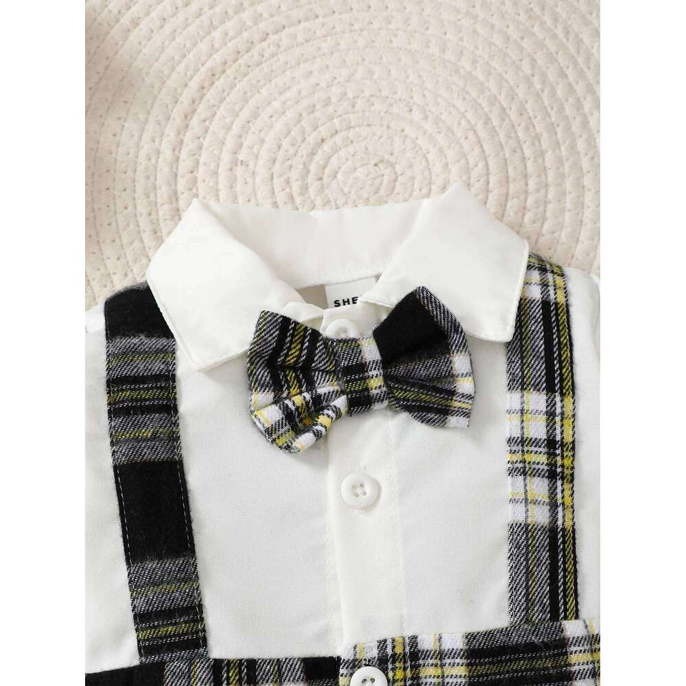 Newborn Literary Style Boy Baby Lapel False Strap Black Plaid Color Matching Jumpsuit Long Sleeve Button Cardigan Pantyband Hat 26Y0224