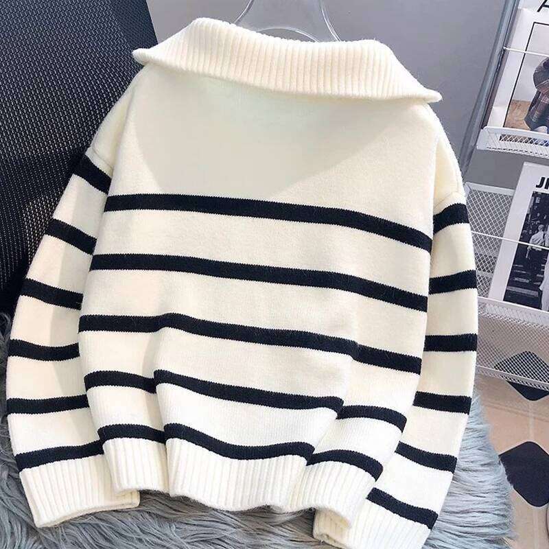 Autumn Winter Fashion Striped Zippered Lapel Long Sleeve Loose Casual Knitted Sweater For Women 26L0224