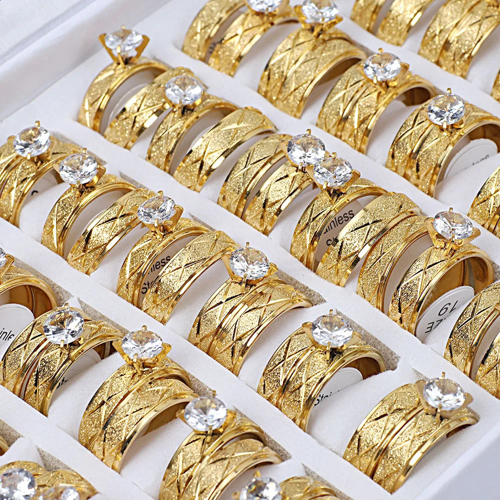 Wholesale 12Sets Cubic Zircon Stainless Steel Rings Men Women Wedding Jewelry 260124