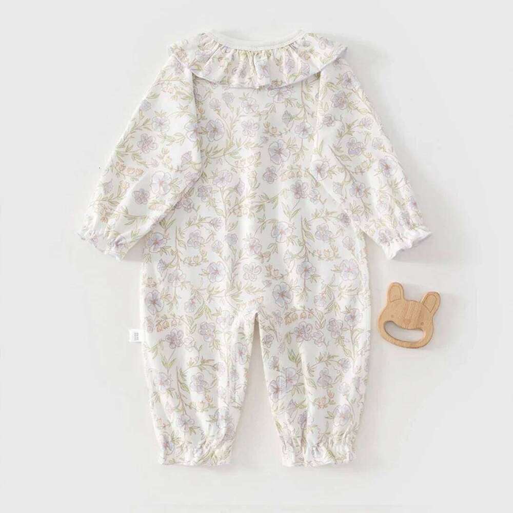 Spring Sleepwear Bodysuit 0-2Y Newborn Infant Girls Cotton Romper Baby Long Sleeve Ruffle Collar Floral Print One-Piece Jumpsuit 26H0224