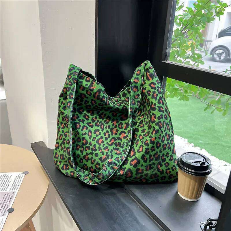 Women's Corduroy Shoulder Crossbody Bag Green Leopard Print Cloth Large Capacity Handbag Casual Travel Shopping Totes Z260224