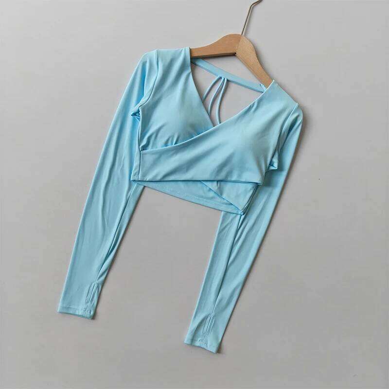 Women's Sexy V-neck Long Sleeve Yoga T-shirt less Slimming Padded Pilates Top Short Sports Cover for Fitness Shirt 26Y0224