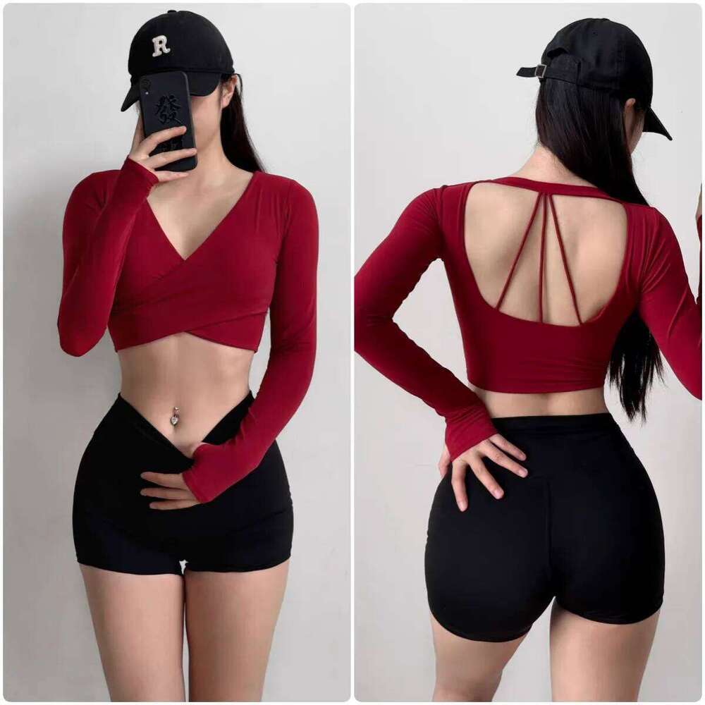 Women's Sexy V-neck Long Sleeve Yoga T-shirt less Slimming Padded Pilates Top Short Sports Cover for Fitness Shirt 26Y0224