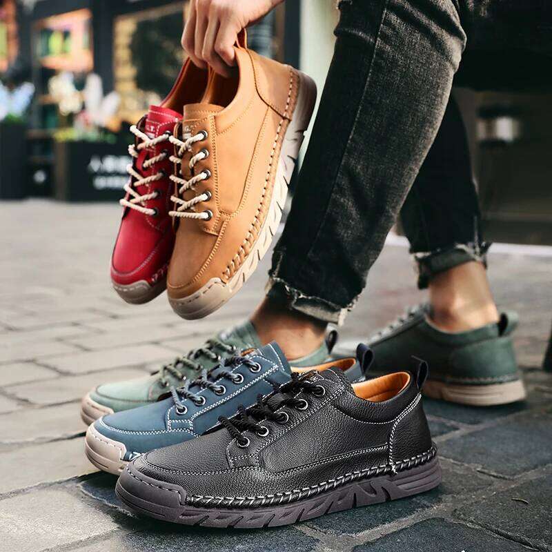 2025 New Men's Casual Shoes Hand-Stitched Leather Lace-Up Non-Slip Thick Sole Comfortable Outdoor Trendy Fashion Male Footwear