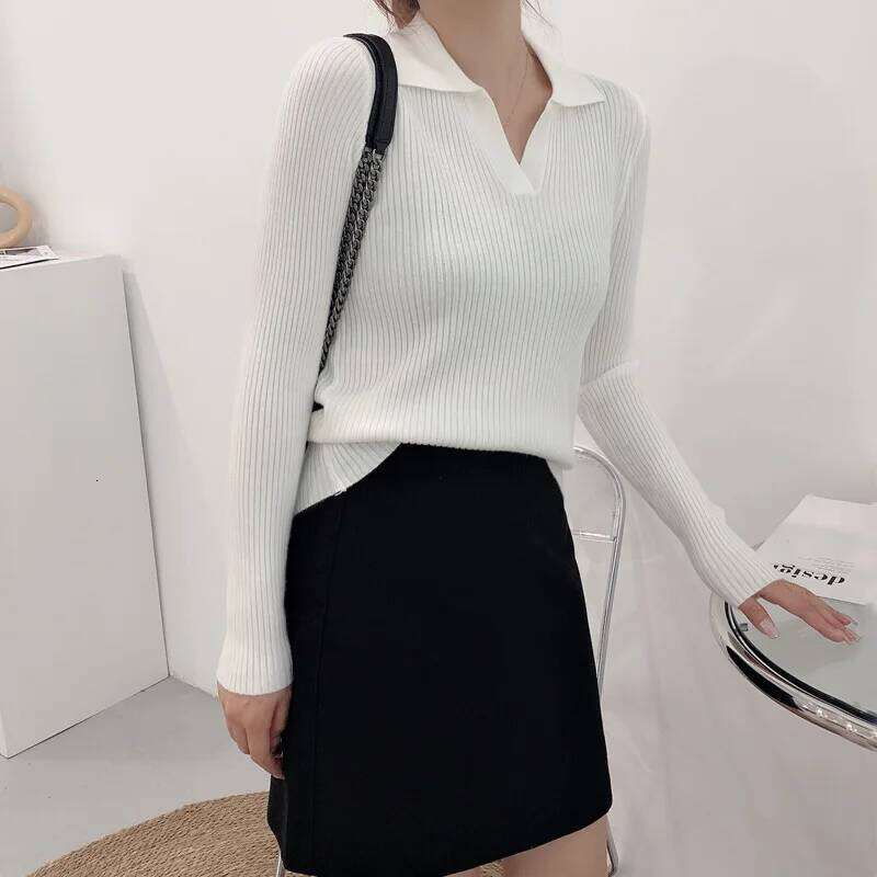 Women's Autumn Winter Pullover Solid Base All Match Sweater Lapel Polo Neck Knitted Bottoming Top 26W0224