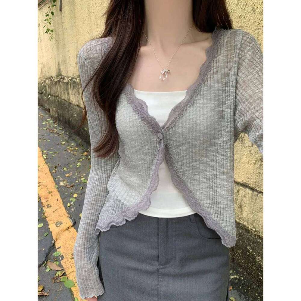 Lace Trim One Button Long Crop Top Women Short Sleeve Open Front Ribbed Knit Cardigan Sweater Summer Fairycore Outfit 26L0224