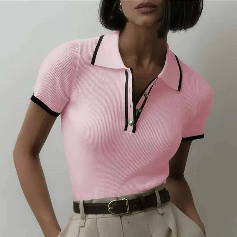Summer Fashion Polo Neck Knitted Shirt Slim Short Sleeve Women Sexy Button T-shirt Office Lady Knitwear Y2k Tops 26W0224