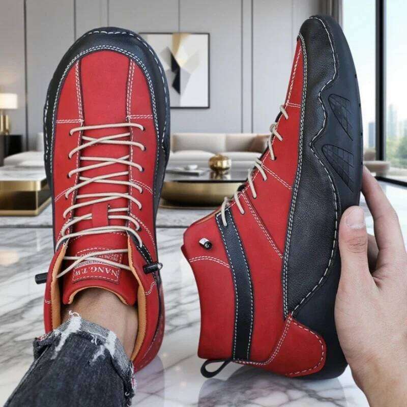 High Top Men's Leather Stylish Two Tone Design Ankle Casual Shoes 2025 Daily Eye Catching Fashionable Driving Sneakers
