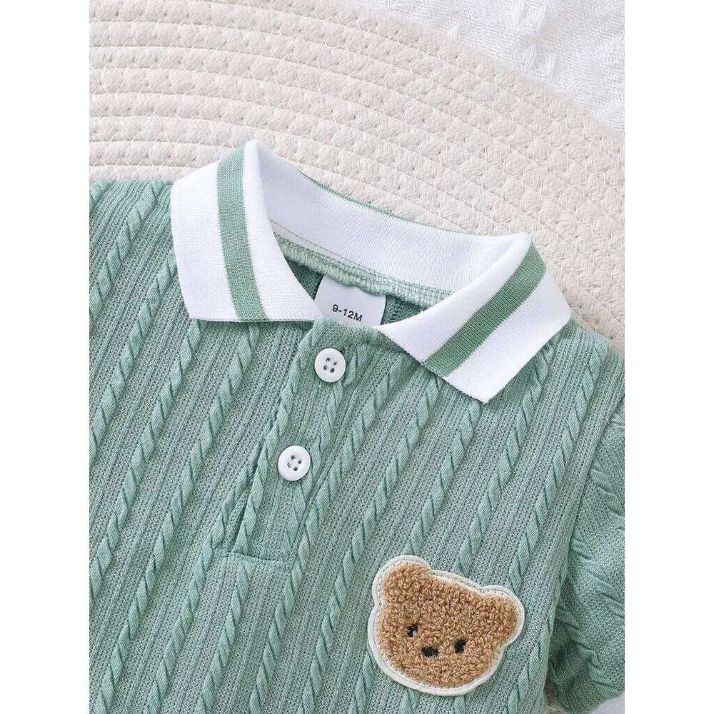 Newborn Boy Romper Short Sleeved Striped Lapel with Little Bear Pattern Gentleman's Jumpsuit Summer Baby Onesie1-18Months 26Y0224
