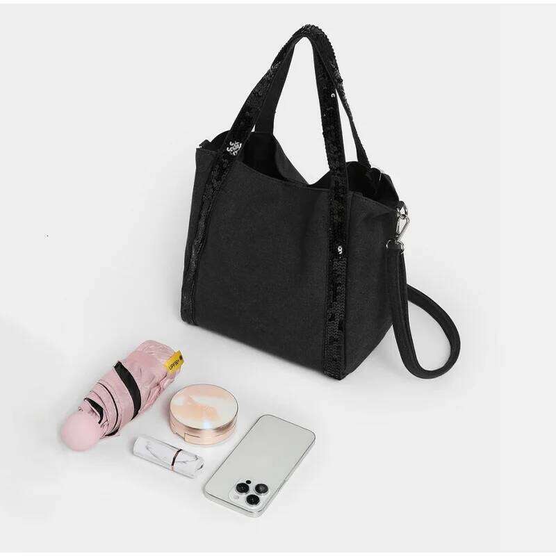 Brand Canvas Sequined Large Capacity Tote Contrast Color Retro Handbag Spacious Crossbody Business Trip Travel Bag Z260224