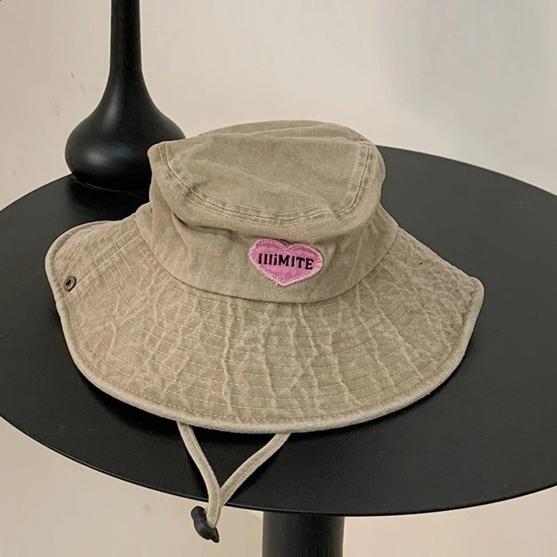 Japanese Retro Washed Cowboy Hats for Women Spring and Summer Outdoor Camping Sun Protection Sweet Pink Love Bucket Caps 260206