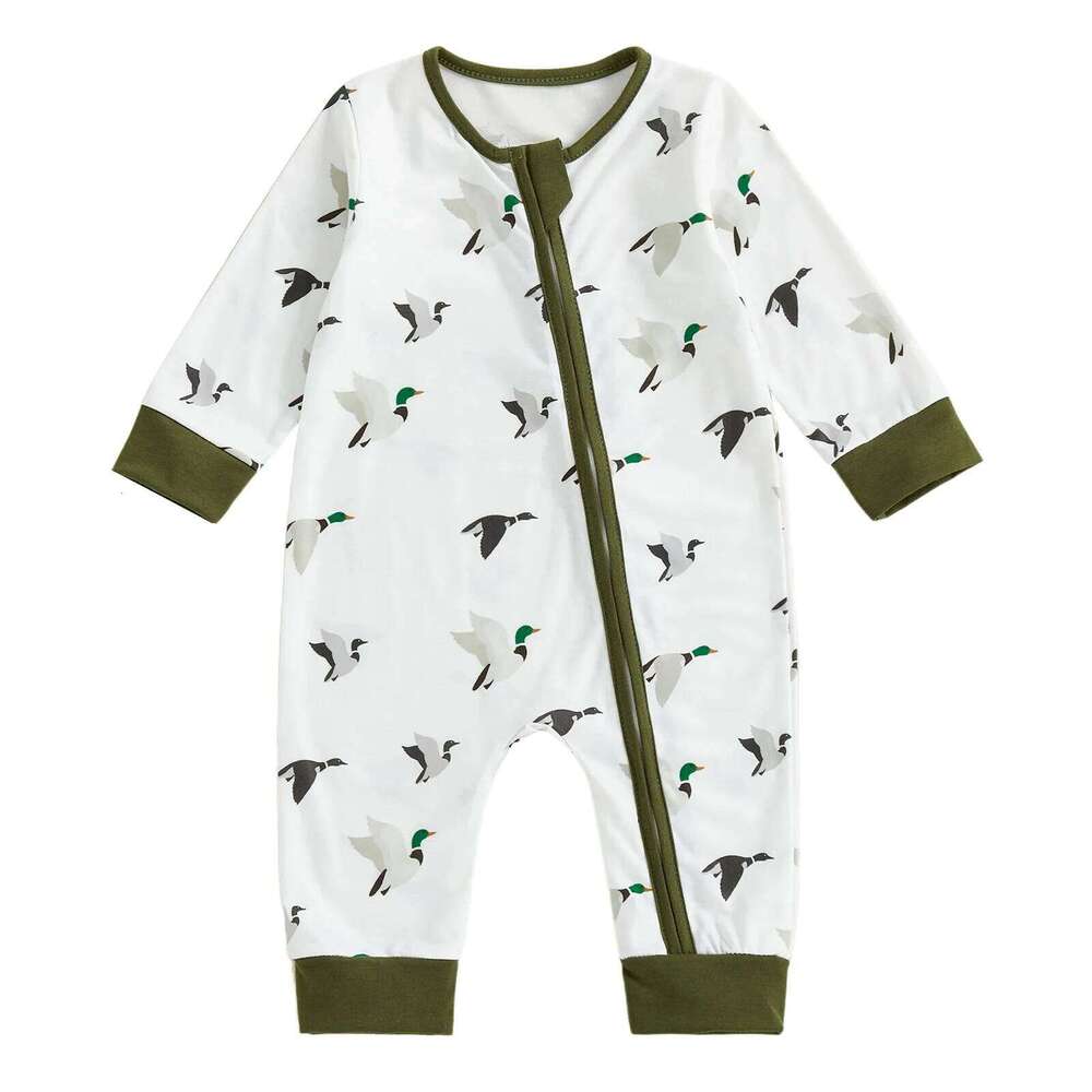 Newborn Baby Fall Romper Duck Print Long Sleeve Round Neck Zip Jumpsuit for Boys and Girls 26H0224
