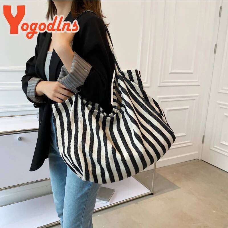 Large Capacity Canvas for Women Fashion Striped Shoulder New Top-handle Travel Bag Shopping Tote Bolsa Z260224