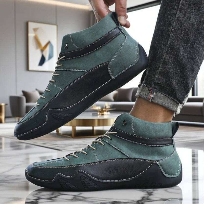 High Top Men's Leather Stylish Two Tone Design Ankle Casual Shoes 2025 Daily Eye Catching Fashionable Driving Sneakers