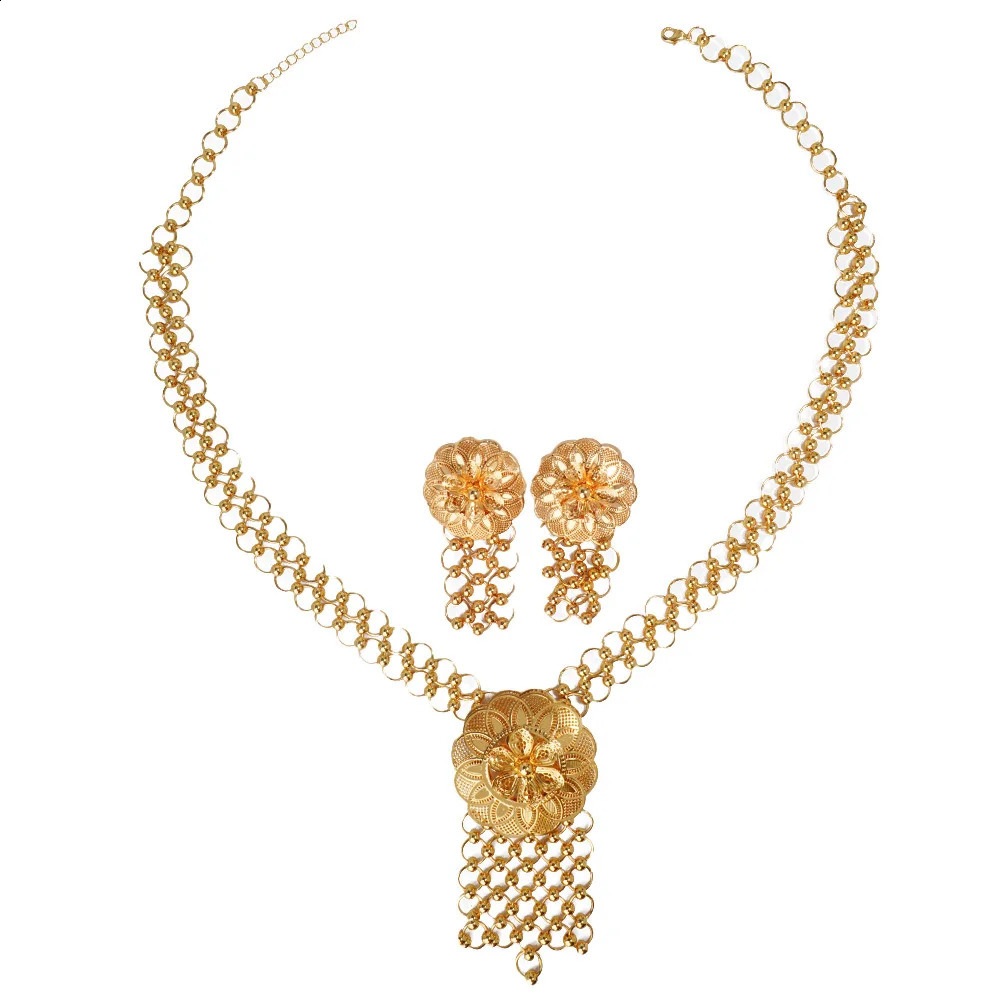 Hollow Flower Necklace Earrings Set Womens 24K Gold AU999 Exquisite flower jewelry set youthenhancing and trendy 260207