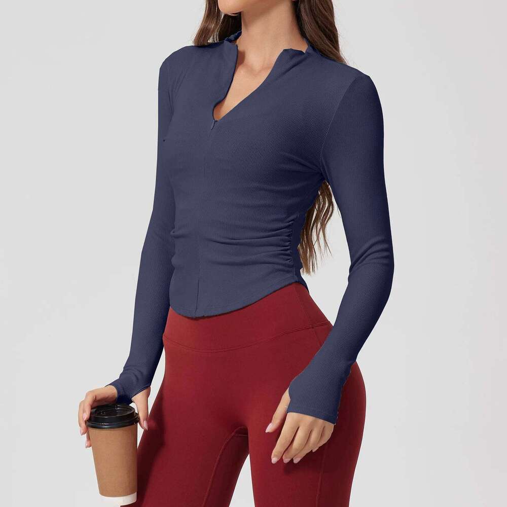 Women Full Zipper Thumbholes Yoga Thread Gym Fitness Running Female Stretch Long Sleeve Outdoor Workout Shirts 26Y0224