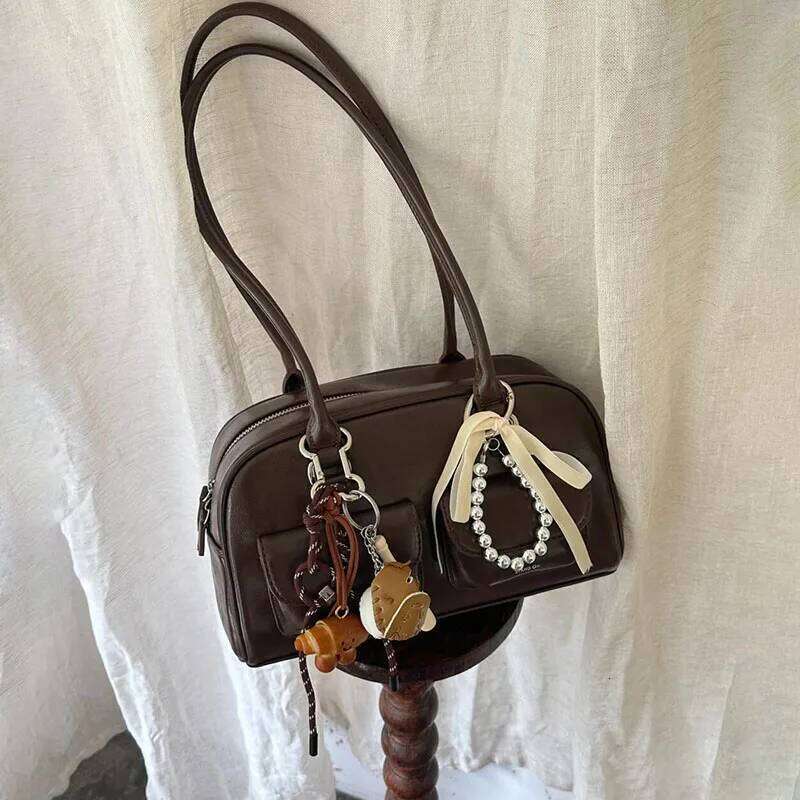 New Large Capacity Brown Bowling Handbag Women's Shoulder Retro Korean INS Style Autumn Winter Fashion Trend Bag Z260224