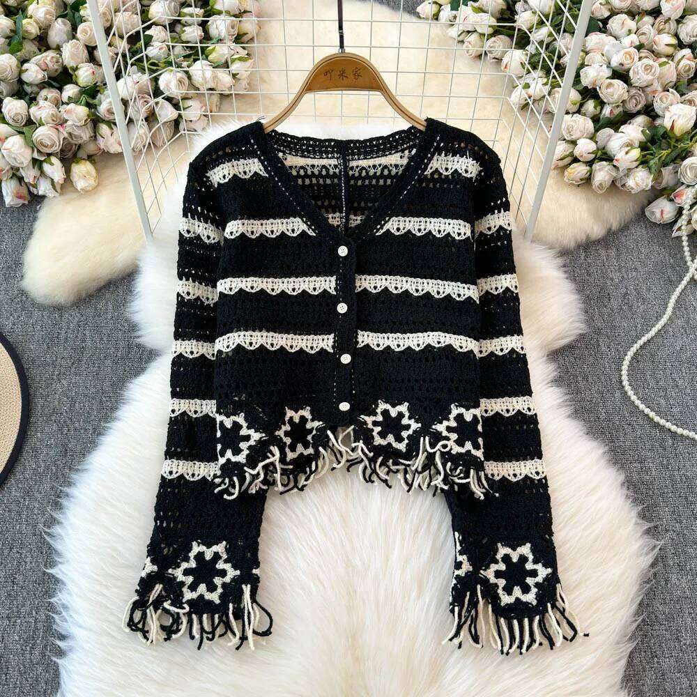 Embroidery Floral Crochet Knit Top with Tassel Long Sleeve Button-down Open-knit Cardigan Sweater Women Teen-girl Cute Outfit 26L0224