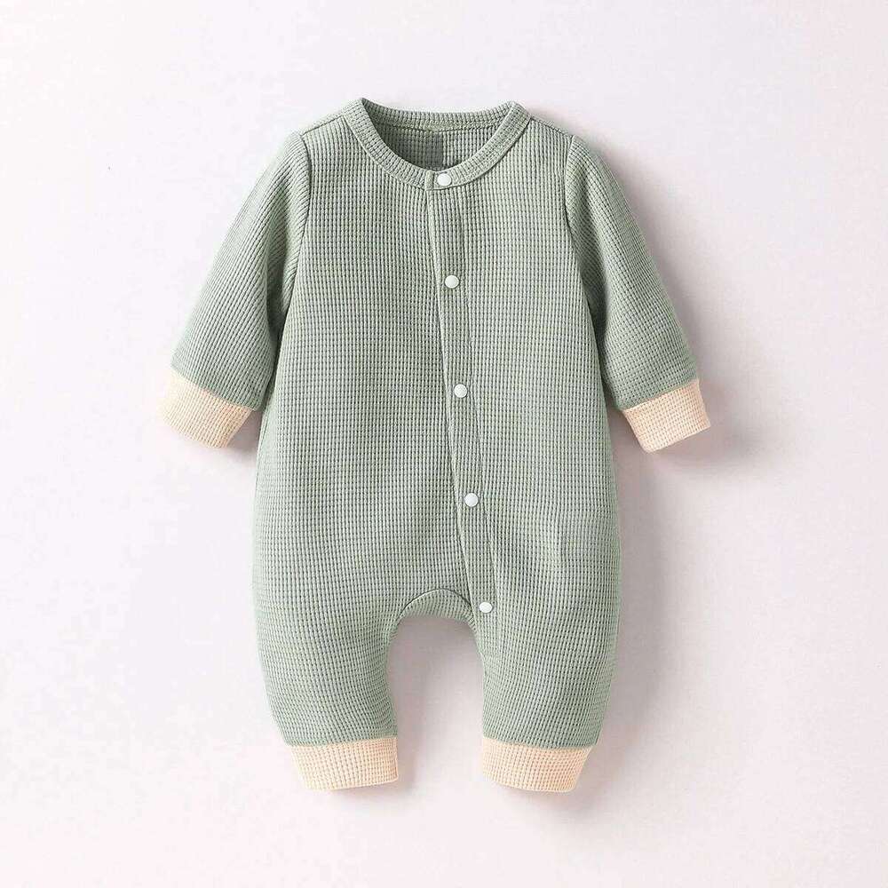 Baby Newborn Boys Spring/Autumn Long Sleeve With Button Green Solid Waffle Casual Jumpsuit 26H0224