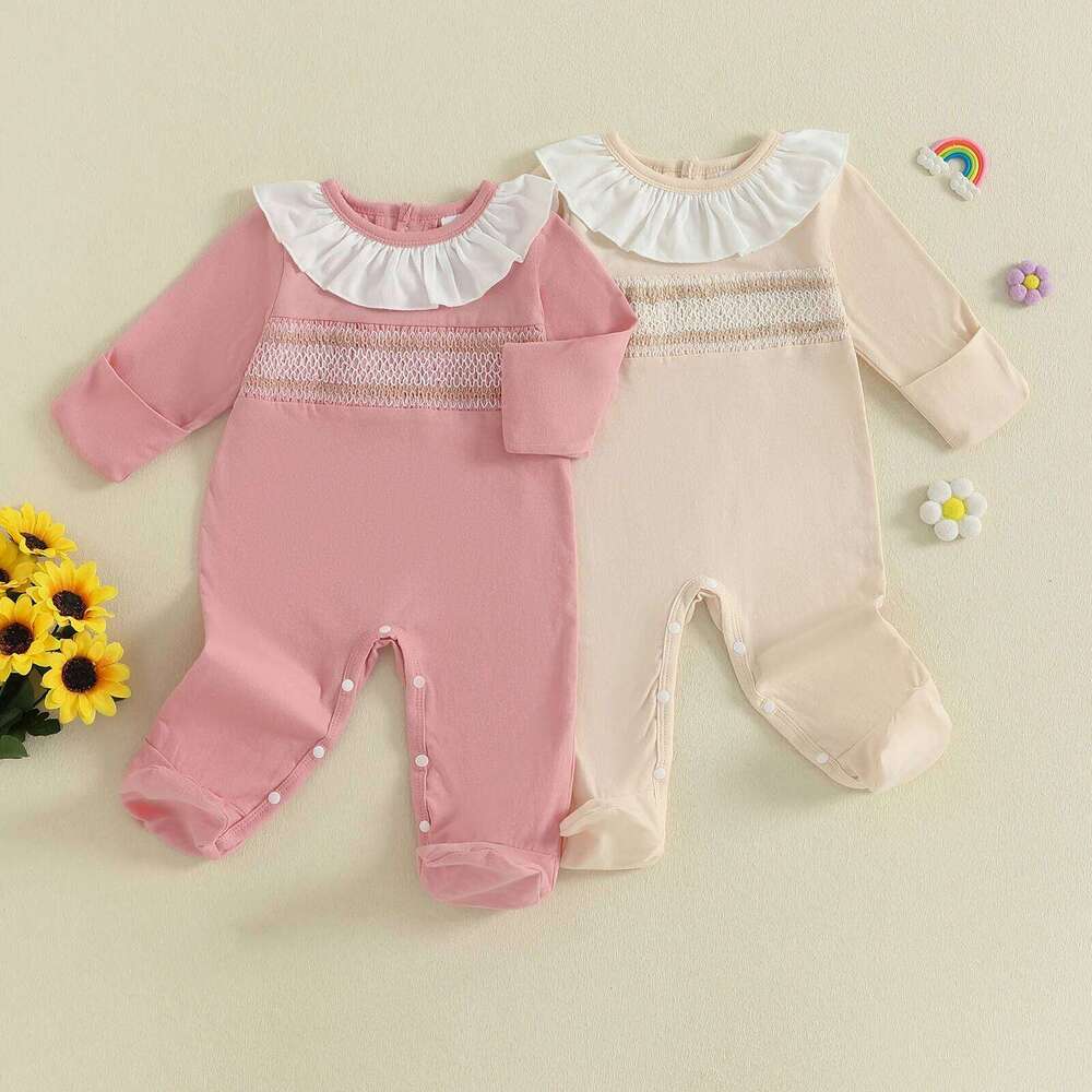 FOCUSNORM 0-12M Lovely Newborn Baby Girls Boys Fall Winter Romper Contrast Color Long Sleeve Ruffled Round Neck Footed Jumpsuit 26H0224