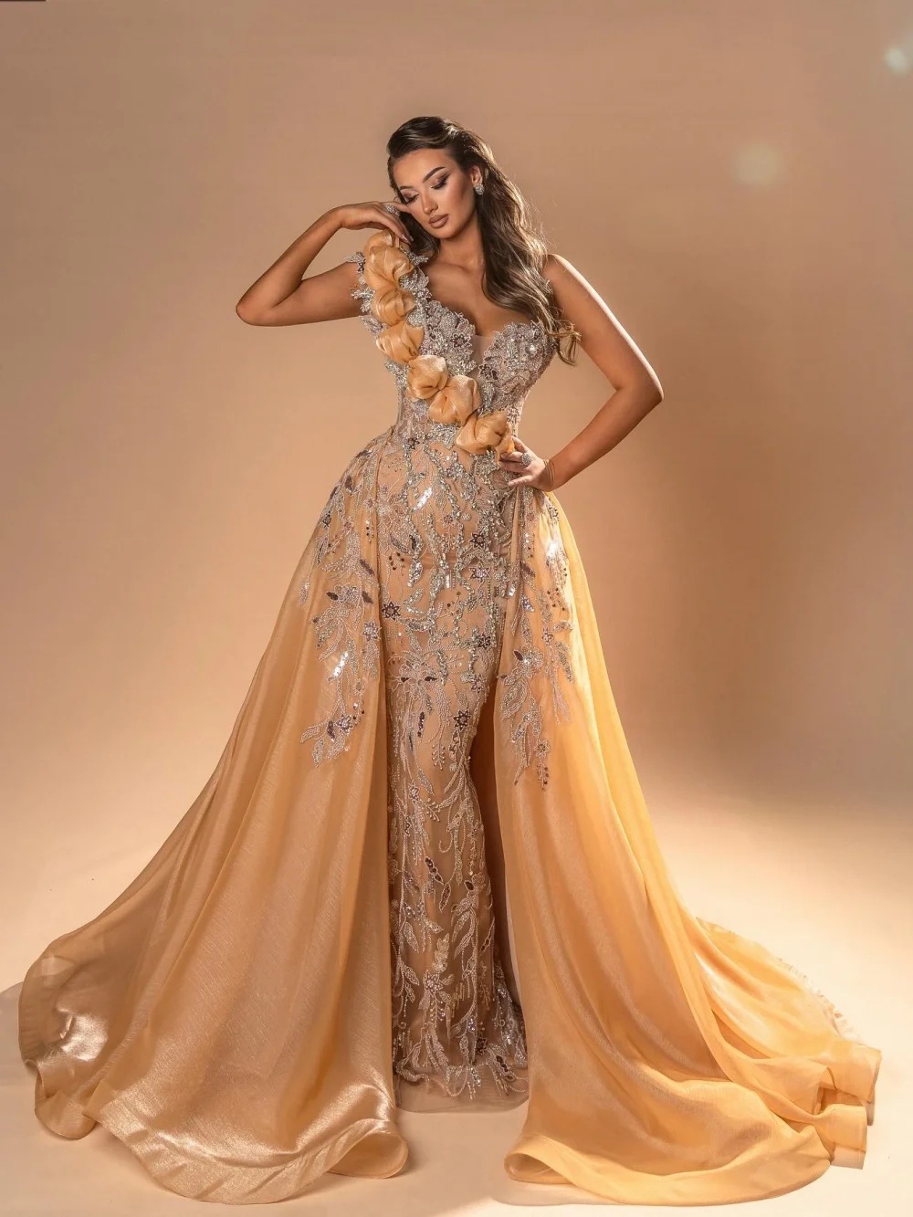 Exquisite Sequins Evening Dresses One Shoulder Prom Dress with Detachable Train Sleeveless Customized Party Gowns Vestidos De Noche Plus Size