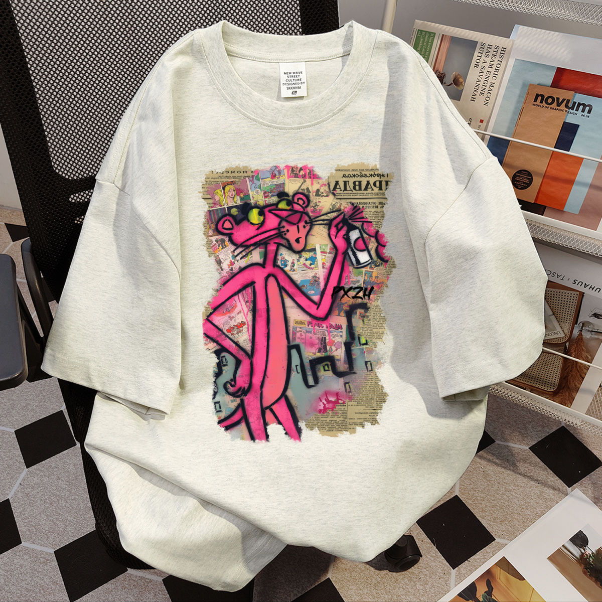 American Style Cotton Cartoon Print Short Sleeve T-Shirt for Women 2026 Summer New Loose White Gray Casual Versatile Couple Top