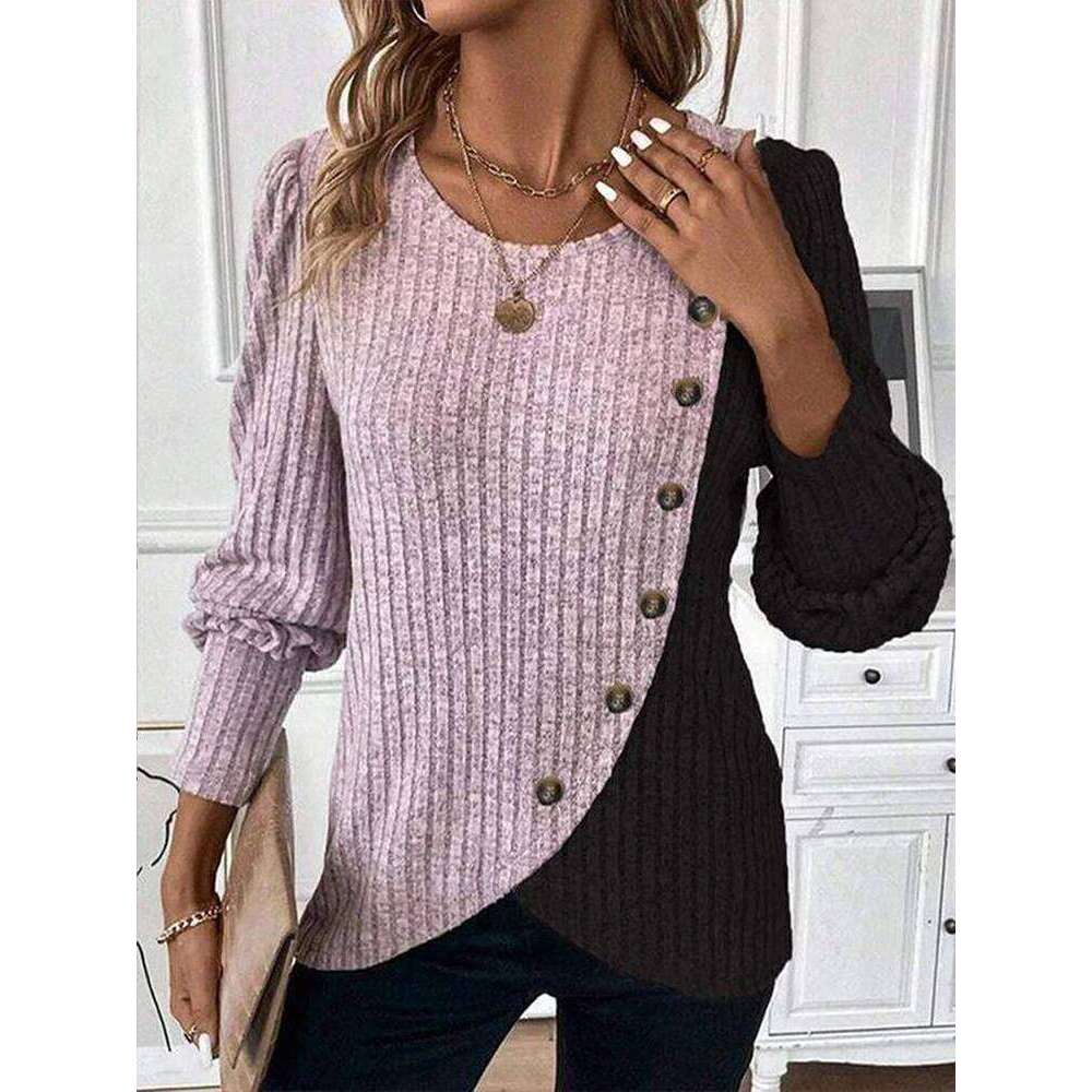 Autumn Buttons Pit Striped Women Sweaters Contrast Color Long Sleeve O-Neck Pullovers Loose Simple Knitted Clothing 26L0224