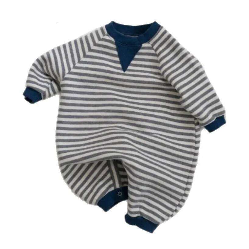 Infant Boy Girl Casual Striped Jumpsuit Plus Velvet Thick Toddler Warm Clothes Winter New Baby Long Sleeve Fleece Romper 26H0224