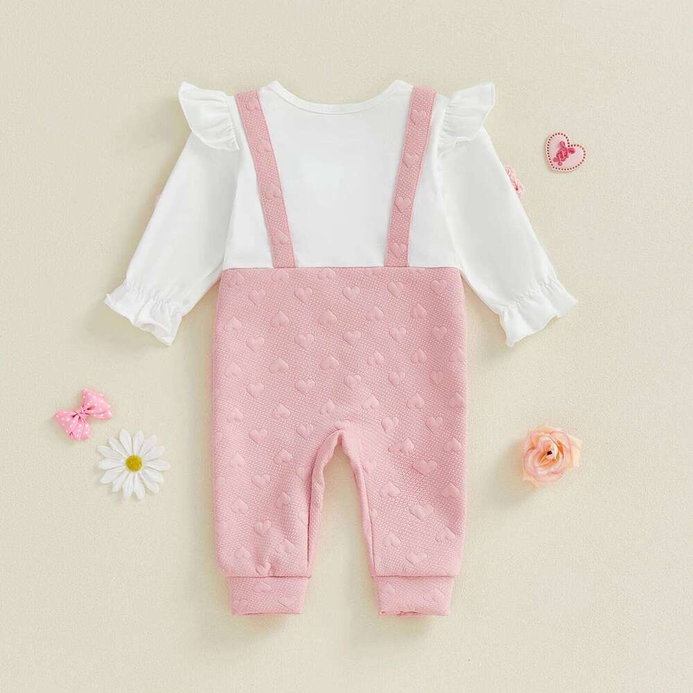 0-18Months Infant Baby Girls Spring Romper Fake Two Pieces Heart Jacquard 3D Floral Long Sleeve Round Neck Jumpsuit 26H0224