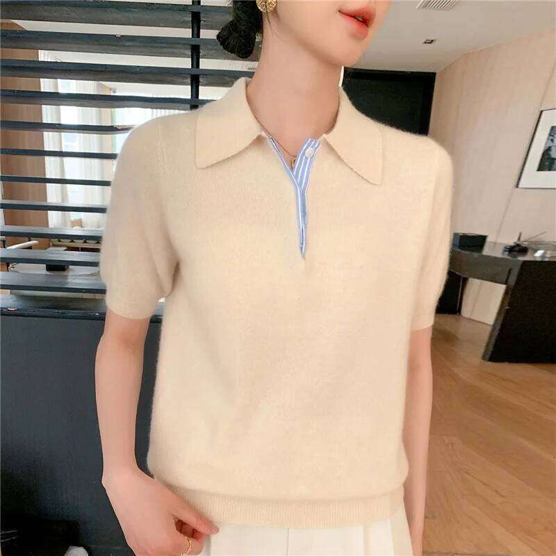 Autumn Winter Women Sweater 2025 Short Sleeve Knitted Pullovers Fashion Polo Collar Cotton Korean Solid Under Shirt Jumpers 26W0224