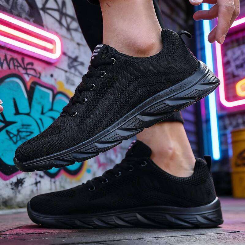 All Black Casual Sneakers Breathable Lightweight Non-Slip Outdoor Shoes Walking Running Trendy Versatile Men's Footwear