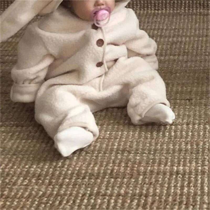 MiniAinis Autumn Winter Girl Baby Fleece Cute Rabbit Ears Cardigan Romper Boy Infant Solid Plus Velvet Warm Kid Casual Jumpsuit 26H0224