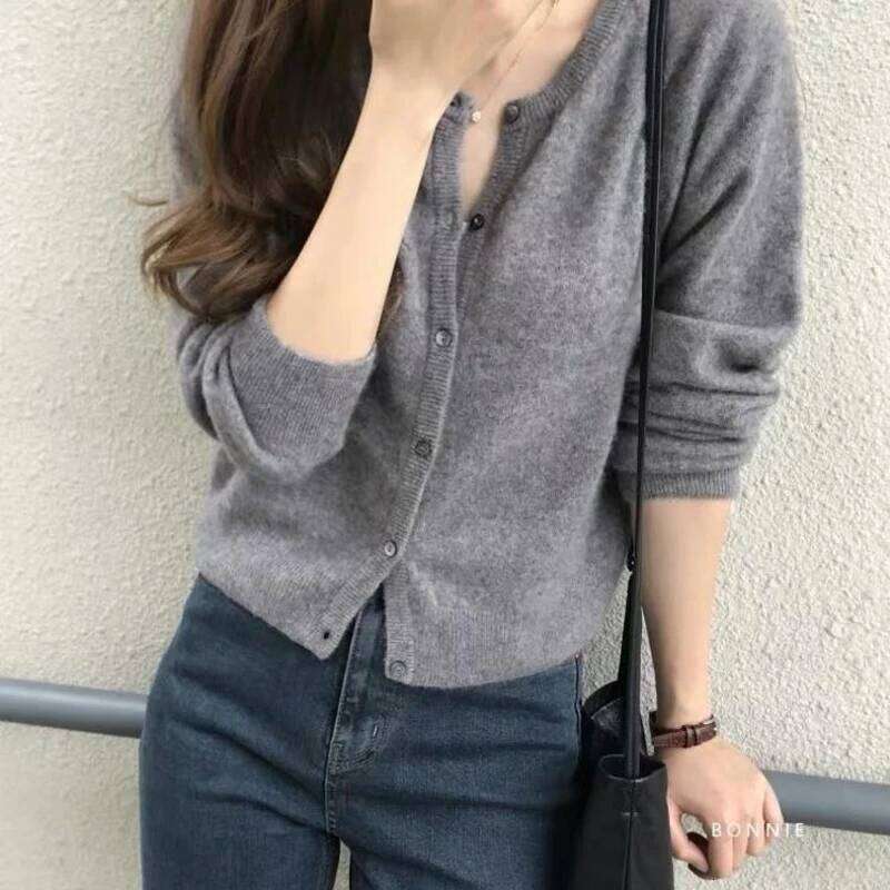 O Neck Solid Color Simple Short Loose Fit Knitted Cardigan Pring Autumn Sweet Casual Long Sleeve Sweater Jacket Women New 9053 26L0224