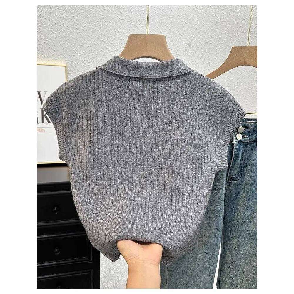 Solid-Color Knit Short-Sleeve T-Shirt for Women Neck Slim-Fit Versatile Top Chic Trendy Blouse Polo Shirts Mujer Tees 26W0224