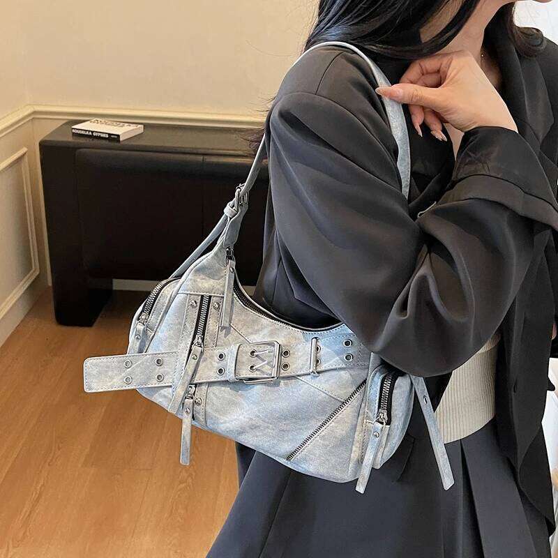 Rivet Design Half Moon Shoulder 2025 New Punk Style Motorcycle Bag Vintage Pu Leather Underarm Crossbody Handbag And Purse Z260224