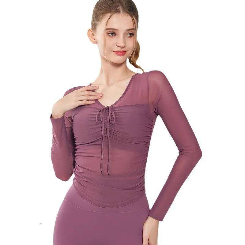 Sexy mesh high-end yoga suit long sleeved one-piece chest cushion fitness training Pilates sports top for women 26Y0224