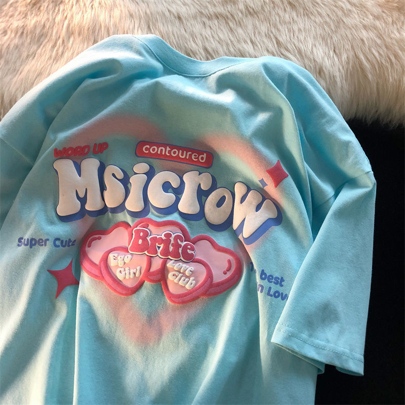Women's Oversize Shoulder Short Sleeve Tee Summer 2026 New Arrival American Style Best Friends & Couple Matching Tops Trendy