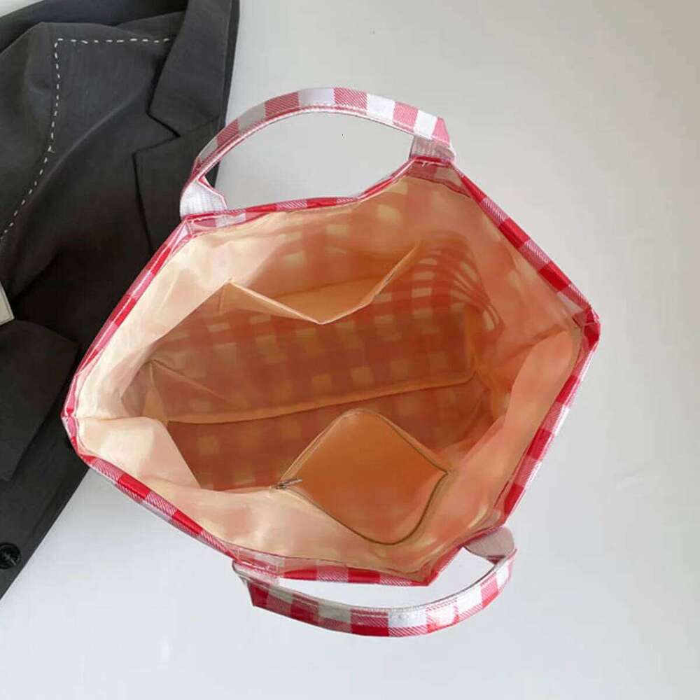 Classic Clear PVC Tote Bag Plaid Check Pattern Letter Print Lightweight Velcro Closure Large Capacity for Daily Commute Shopping Z260224