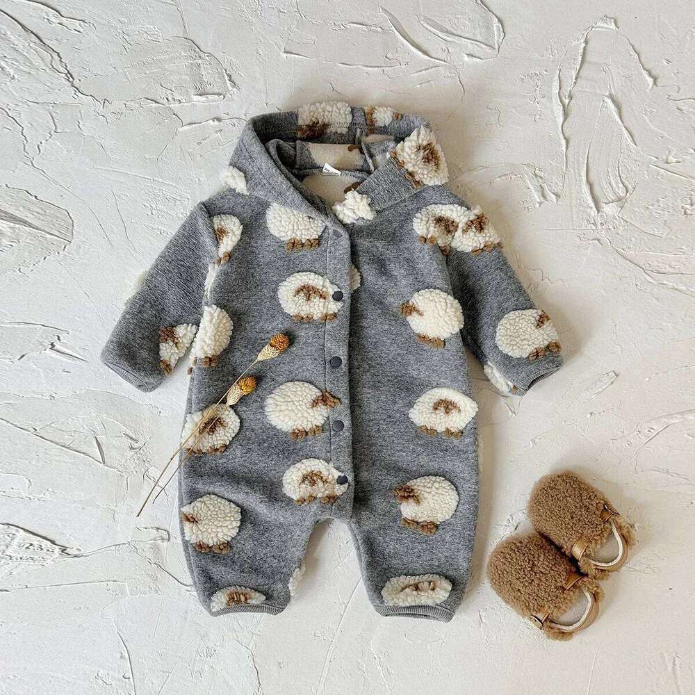 Plush Fashion Lamb Embroidered Jumpsuit Winter New Girls Boys Baby Long Sleeved Crawling Suit Thickened 26Y0224