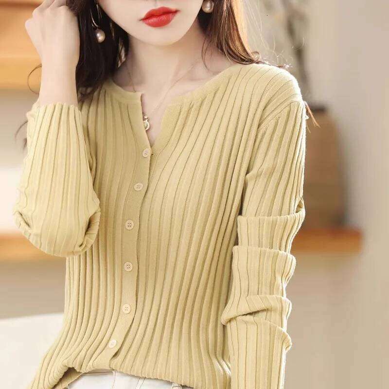 Casual Knitted Long-Sleeved Cardigan Women's Sweater Autumn Winter Solid Color Elastic V-Neck Round Neck Slim-Fit All-Match Coat 26L0224