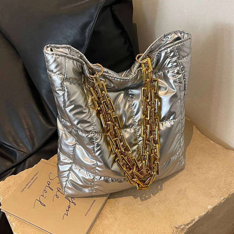 Solid Color Winter Fashion Shoulder Bags For Women, Acrylic Chain Casual Tote Plaid Down Cotton Ladies Handbags Z260224