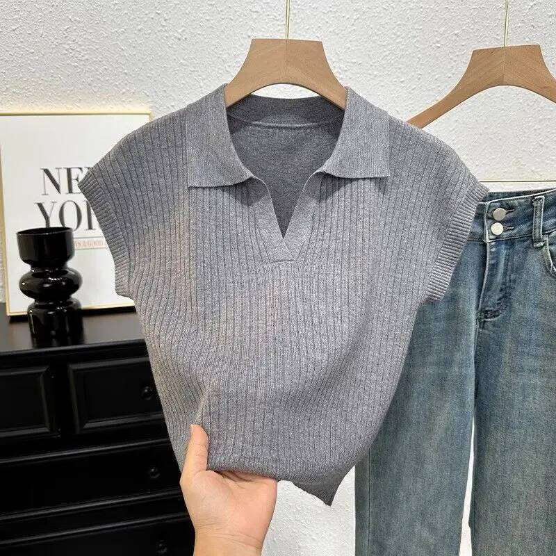 Solid-Color Knit Short-Sleeve T-Shirt for Women Neck Slim-Fit Versatile Top Chic Trendy Blouse Polo Shirts Mujer Tees 26W0224