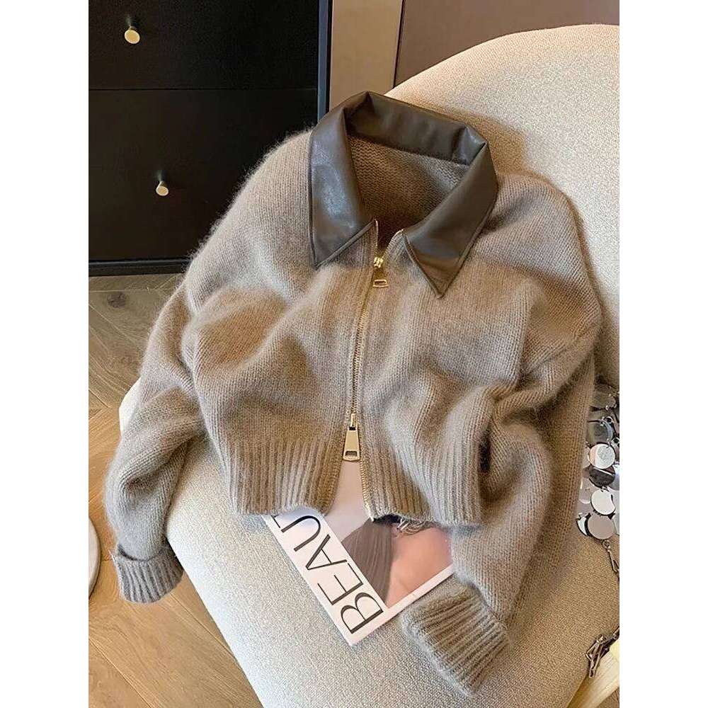 Mardi Hefxessdr Patchwor Zipper Cropped Cardian Women Thic Autumn Knitted Sweater Bomber Jacet Vintae s Short Fitted Knitwear Coat